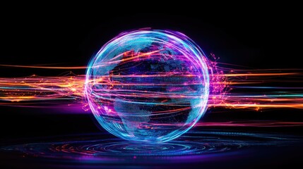 Obraz premium A floating digital globe surrounded by cascading light trails, symbolizing international connections; dynamic composition, neon purple and blue hues