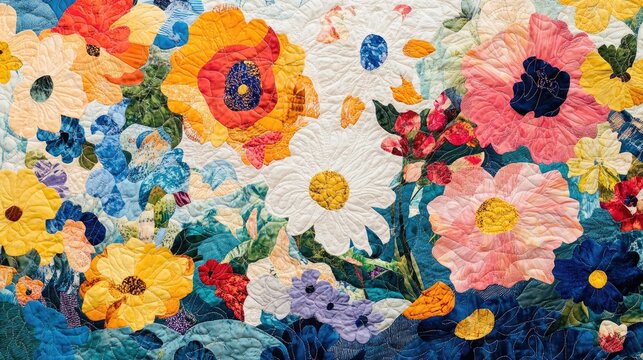 Vibrant close-up of a floral quilt showcasing colorful patterns with a spacious blank banner for personalized messages or designs.