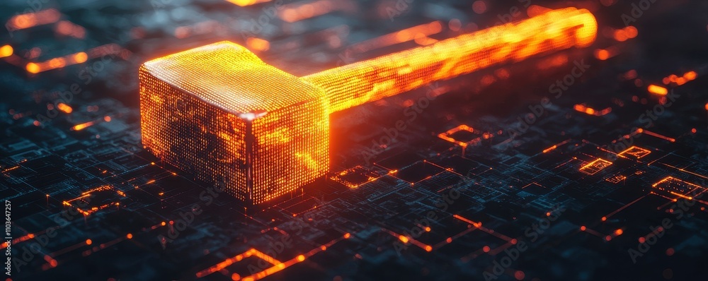 Poster glowing digital hammer on circuit board technology code innovation power