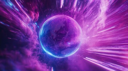 A floating digital globe surrounded by cascading light trails, symbolizing international connections; dynamic composition, neon purple and blue hues