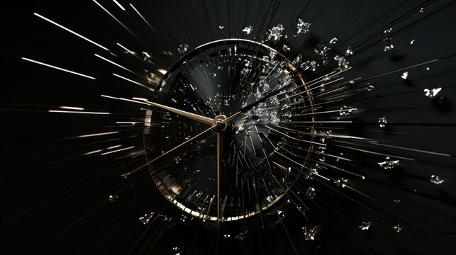 A stylized clock with a dynamic, exploding effect, symbolizing the passage of time.