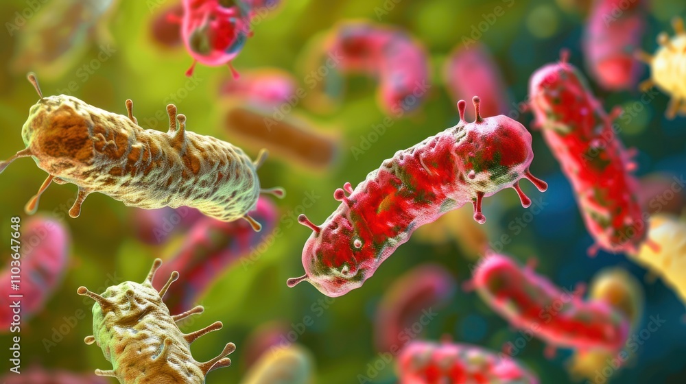 Poster close-up view of colorful bacteria in a microscopic environment.
