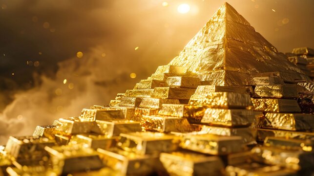 Majestic golden pyramid standing tall and proud its ancient faade bathed in ethereal golden light amidst a serene desert landscape  This iconic and monument evokes a sense of mystery history