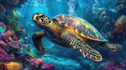 Obraz premium A captivating image of a sea turtle swimming alongside a diver, showcasing the harmony between humans and nature in a vibrant underwater environment