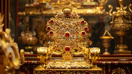 Fototapeta premium Ornate golden altar with jewel encrusted tabernacle chalice and cross in the interior of an elaborate Christian cathedral or church showcasing the rich architectural design and religious symbolism