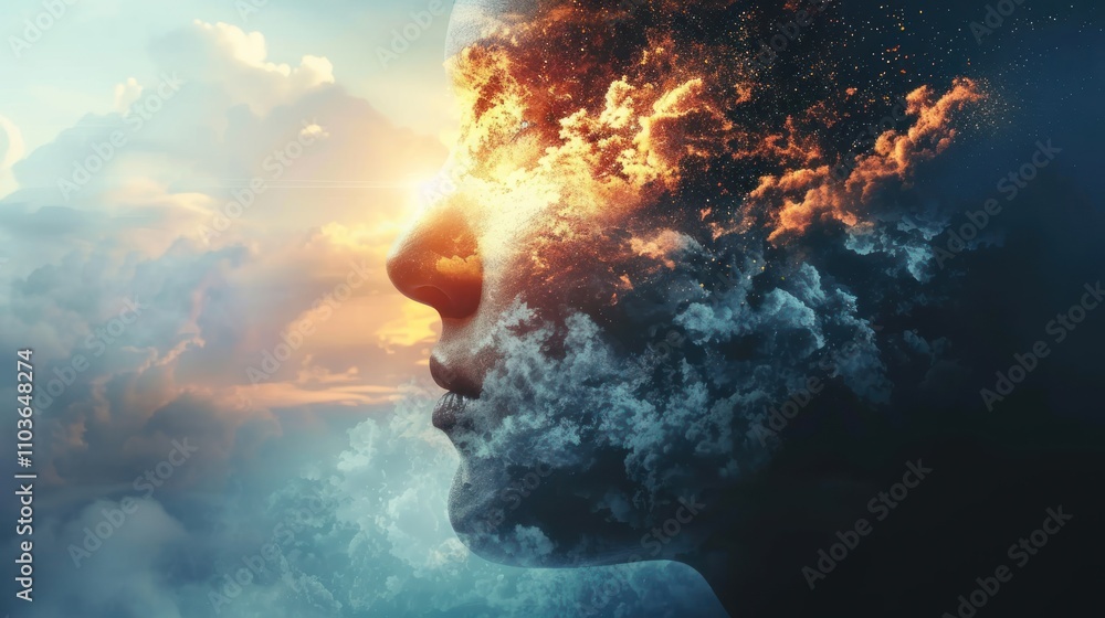 Aufkleber a surreal depiction of a face merging with clouds and sunset, symbolizing imagination and introspect