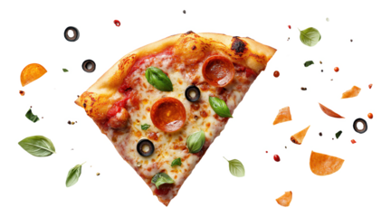 Slice of pepperoni pizza with basil leaves and scattered toppings