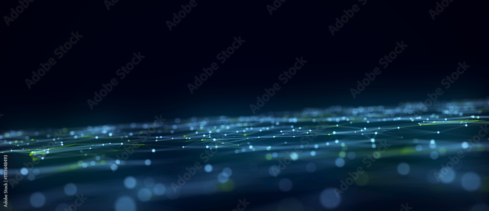 Poster dynamic blue wave of particles and lines. abstract futuristic background. big data visualization. 3d