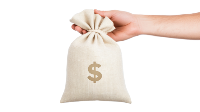 Hand Holding Money Bag with Dollar Sign isolated on white or transparent background, png clipart, design element