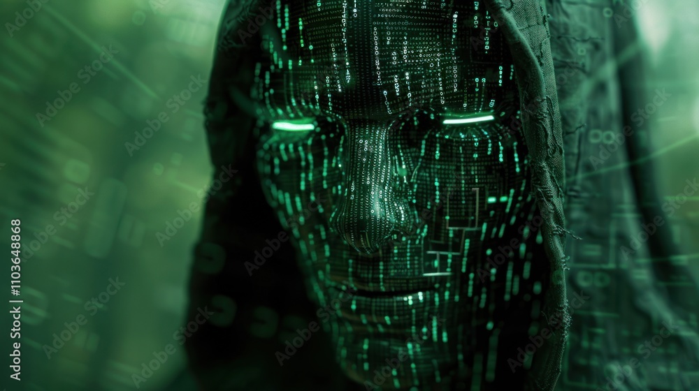 Poster a digital figure with a hood and glowing eyes, surrounded by green binary code.