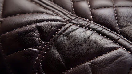 Fototapeta premium Close-up of quilted brown leather texture. Rich, dark brown color with detailed stitching. Luxurious and high-quality material.