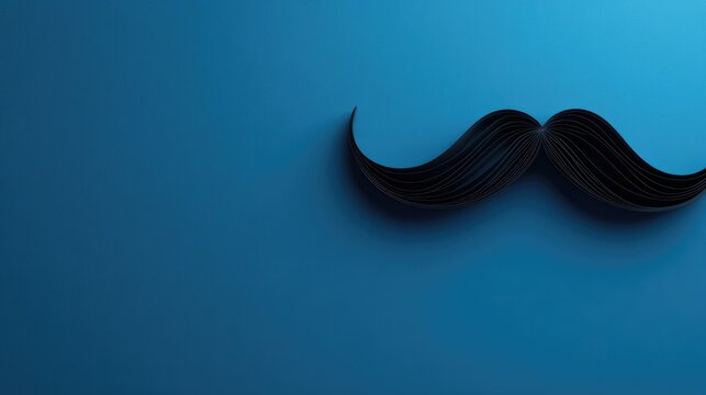 Black paper mustache artfully arranged against a vibrant blue background symbolizing celebration and themes of men's wellness and grooming.