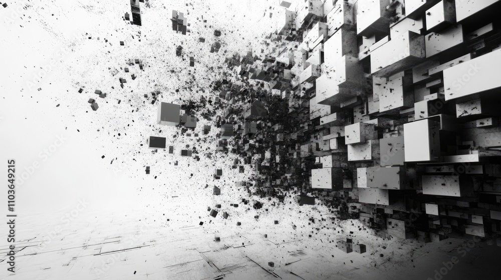 Poster decentralized computing concept with dynamic disintegration of pixelated blocks in a black and white