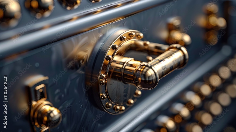 Poster a close-up of a metallic lock mechanism with a polished finish and decorative elements.