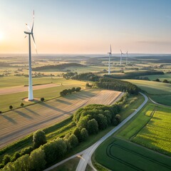 Panoramic view of wind farm or wind park, with high wind turbines for generation electricity with copy space. Green energy concept. 