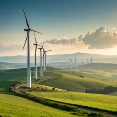 Panoramic view of wind farm or wind park, with high wind turbines for generation electricity with copy space. Green energy concept. 