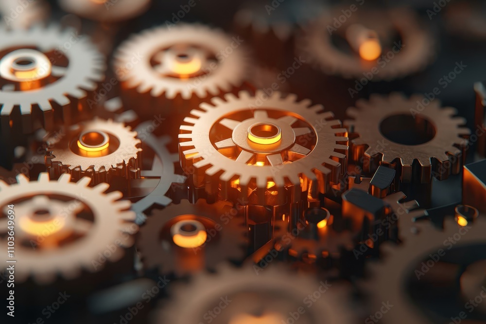 Poster close-up view of interlocking bronze gears with warm lighting effects, showcasing industrial mechani