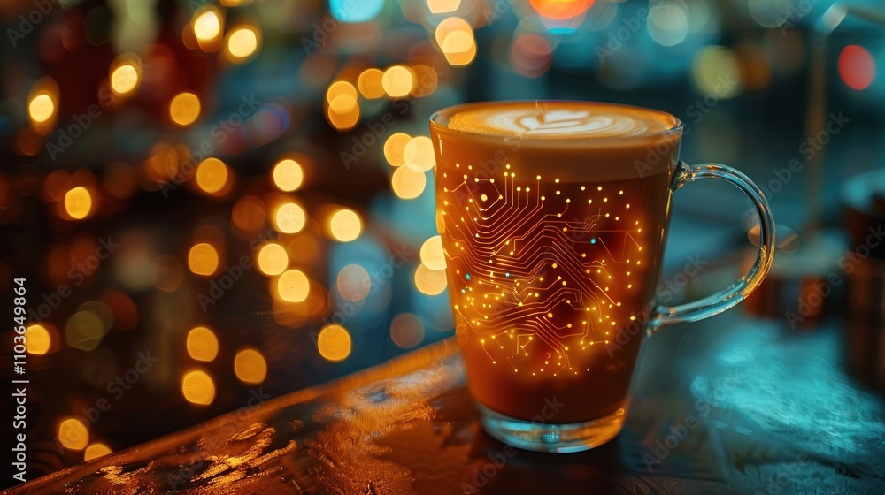 Poster a latte with intricate latte art, illuminated by warm bokeh lights in the background.