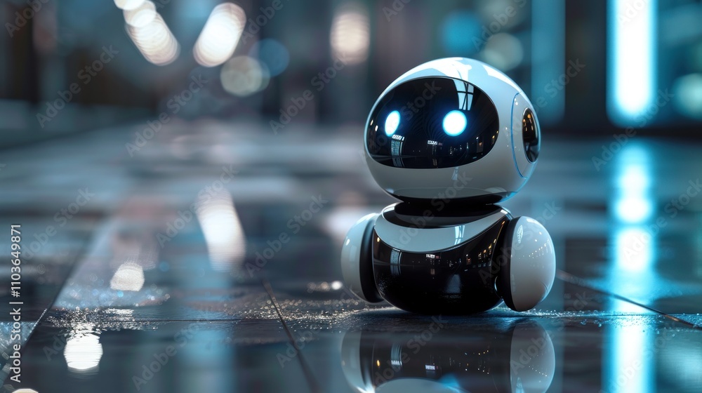 Poster a small, futuristic robot with glowing eyes sits on a reflective surface in a modern environment.