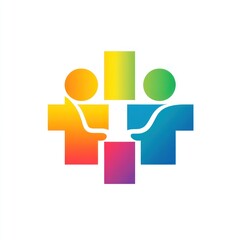 Colorful abstract logo depicting two people connecting around a central pillar, symbolizing teamwork, unity, and collaboration.