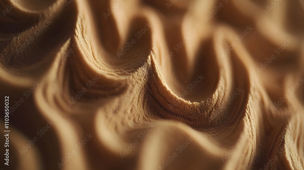 Aufkleber close-up of textured, tan powder with undulating waves and patterns. soft lighting accentuates the f