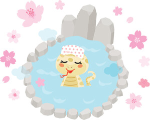 春の露天風呂に浸かるヘビ