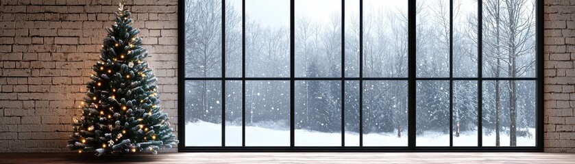 Festive Christmas Tree by Window Winter Snow Scene Holiday Decor