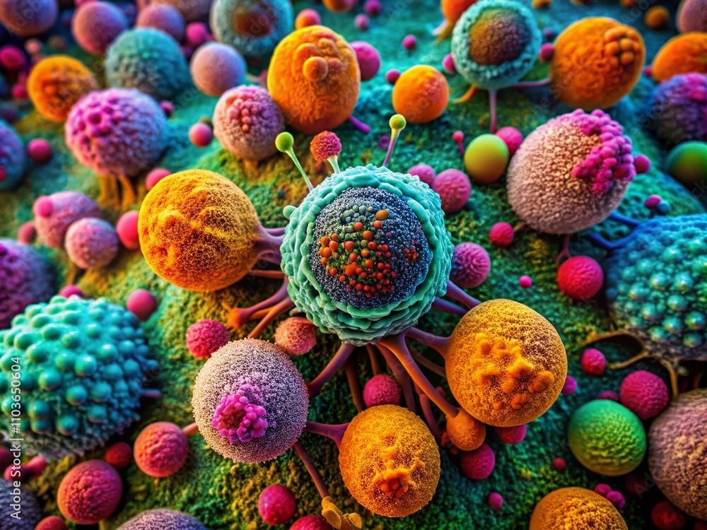 Poster intricate architectural photography of cancer cells under a microscope, showcasing the complex struc