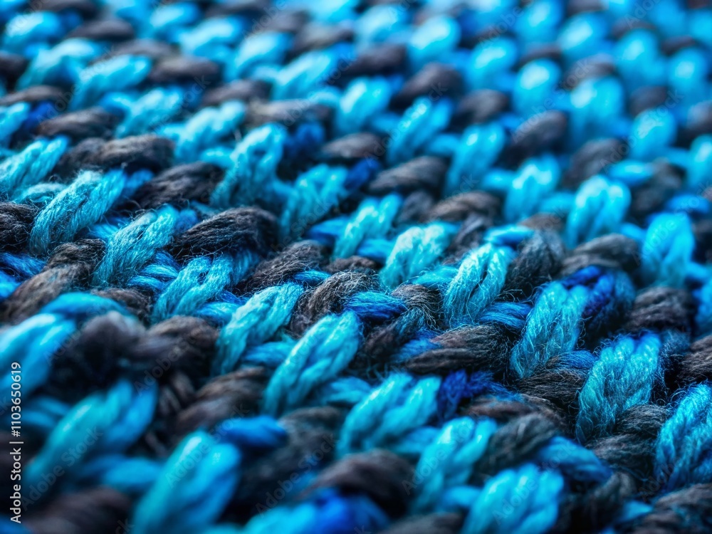 Poster intricate blue and black knitted pattern in tilt-shift photography style, showcasing textures and de