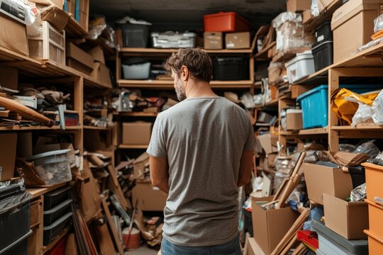 Man Standing in a Disorganized Storage Room Surrounded by Boxes and Clutter, Contemplating Organization and Cleanup of Messy Space