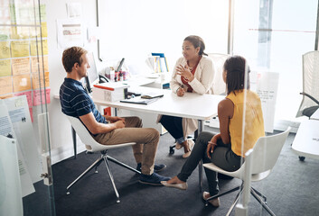 Creative, meeting and group in office, discussion and planning for project and collaboration. Teamwork, editor and colleagues in publishing company, people and ideas for business or talking in agency