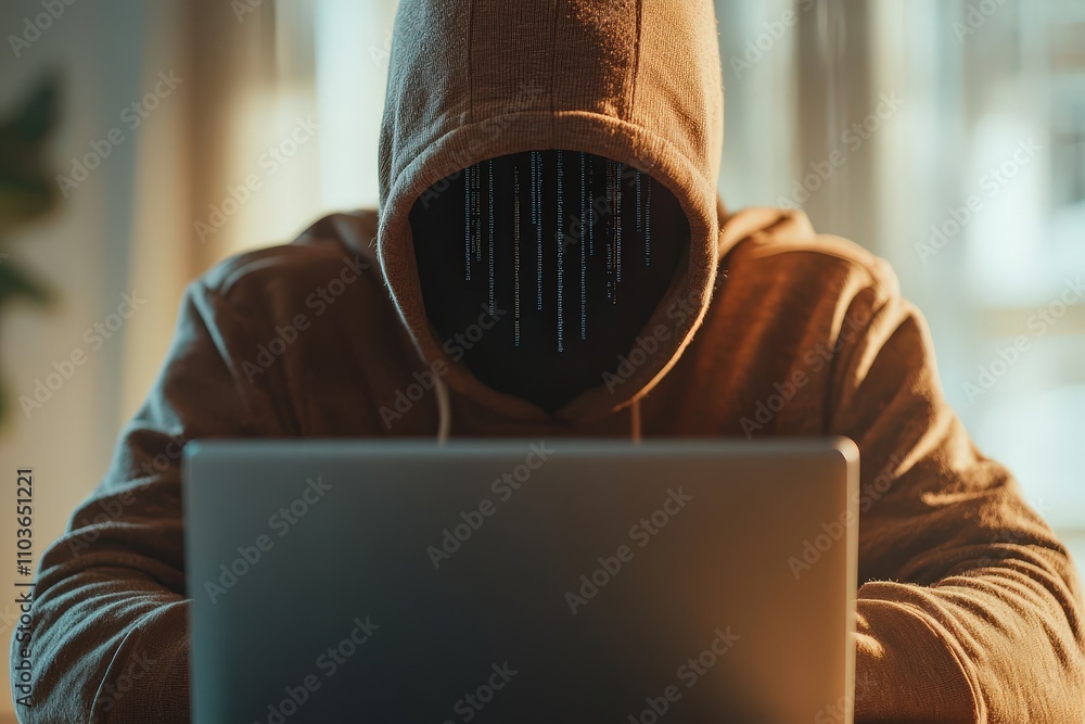 Poster mysterious figure in hoodie working on laptop with glowing code effect, representing cybersecurity, 