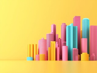 Obraz premium A vibrant, colorful cityscape made of pink, blue, and yellow geometric shapes against a bright yellow background. 3D style.
