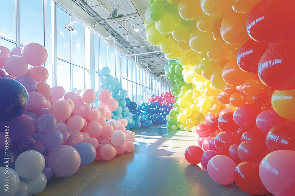 Poster colorful balloons of various sizes and colors are arranged in an array, creating a vibrant display o