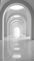 Obraz premium A 3d render of an empty white tunnel with light at the end, providing a futuristic technology background and a minimal abstract concept, product presentation with white space for design.