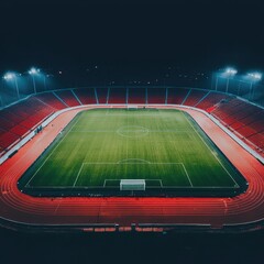 Empty Night Stadium Soccer Field Track Lights Aerial View