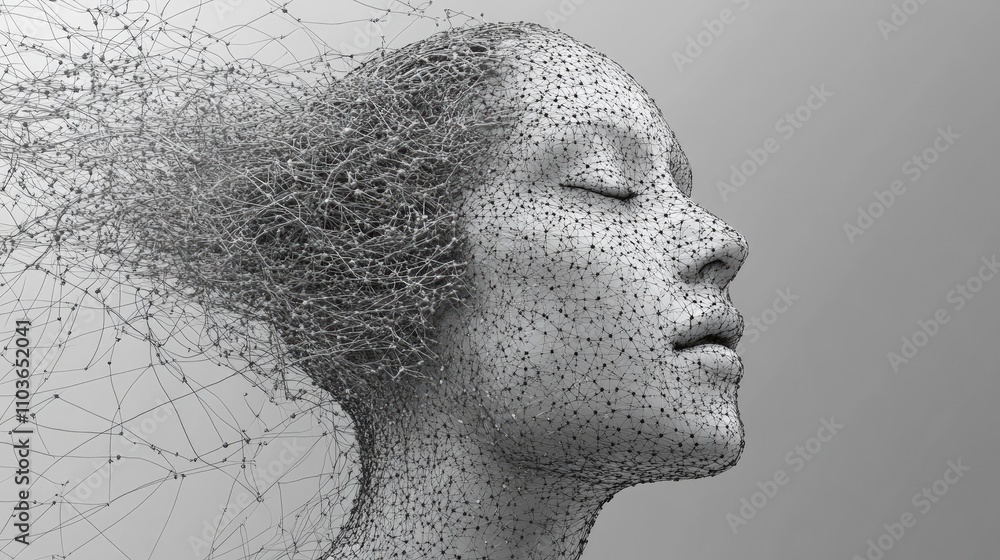 Poster 3d render of a human head formed by interconnected lines and nodes, representing artificial intellig
