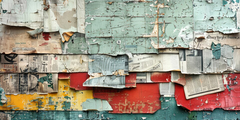 An abstract grunge collage of newspaper clippings, typography, and vintage magazine cutouts, set against a background of an old weathered wall with peeling paint.