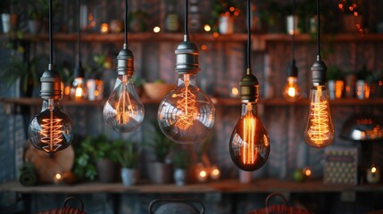 A cozy arrangement of hanging vintage light bulbs against a backdrop of plants and shelves.