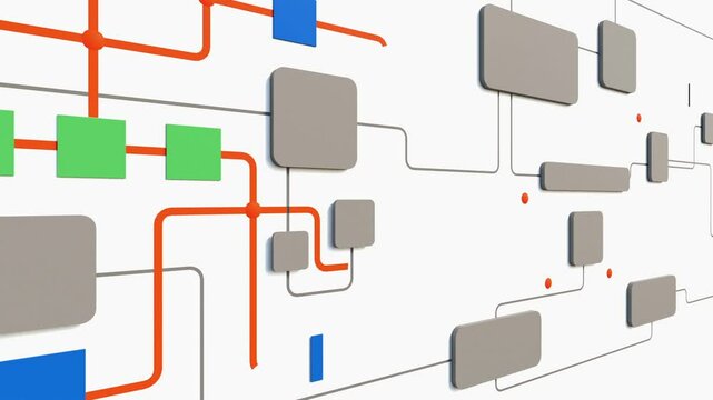 Flow chart, industrial process. Chart with elements, connected lines, and geometric shapes. Stragey, map, plan, chart, node tree, conncection in process. 3D animation