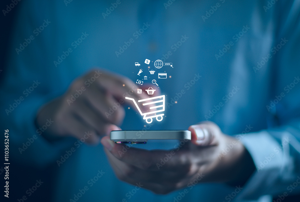 Poster ecommerce online shop concept. add to cart internet web store buy online. businessman using smartpho