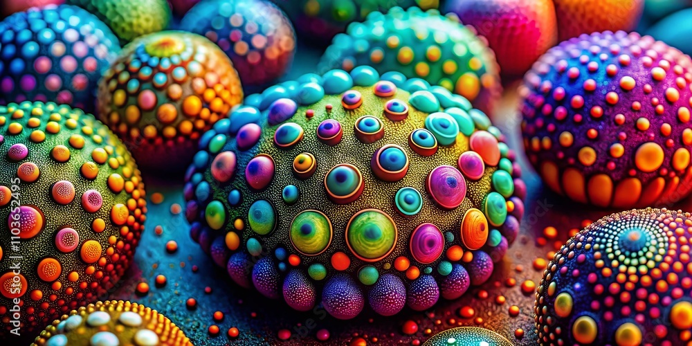 Poster intricate macro photography of dotted decorative elements forming unique shapes from dots in vibrant