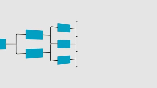 Flow chart, blue geometric shapes in process. Decision tree with connected lines. Business stragey, map, plan, chart, node tree, conncection in process. 3D animation