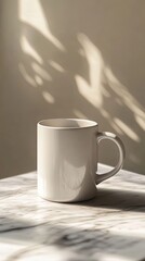 Elegant White Mug on Marble Table with Sunlight and Shadows