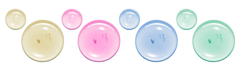 Yellow Pink Blue Green serum oil sample swatch round shape texture isolated on white background....