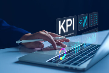 KPI business analysis concept. Businessman using tablet overview dashboard analyze data report,...