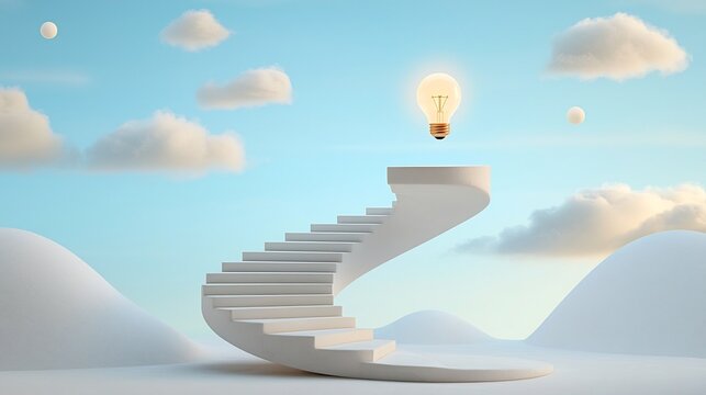 Whimsical spiral staircase constructed from classic and modern books leading to a glowing light bulb emitting a bright warm light in a dreamlike environment filled with soft clouds and glowing orbs - Powered by Adobe