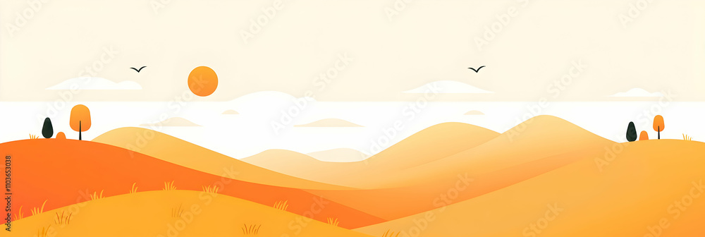 Poster abstract flat vector landscape with rolling hills and a sun, composed of simple shapes and lines, us