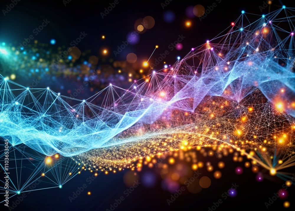 Poster intricate wave of particles in low light - 3d illustration of connection structure and flowing smoke