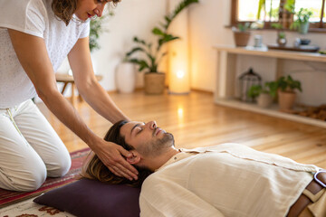 Man having reiki healing treatment, alternative medicine concept.